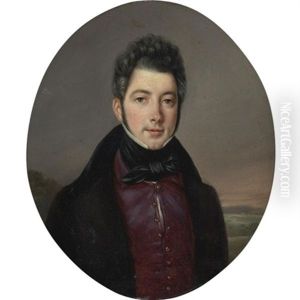 Portrait Of A Gentleman, Small Half-length, Wearing A Dark Coat And Red Vest, A Landscape Beyond