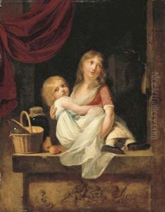 Two Girls At A Casement Above A Relief Of Putti, A Bottle In A Wicker Basket On A Ledge With A Jar And Fruit, A Statue Of A Woman Beyond
