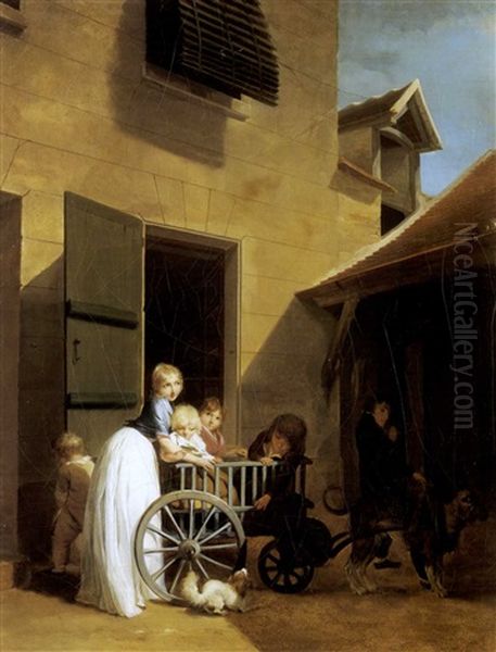 Enfants Traines Par Un Chien Attele A Leur Petite Voiture, Ou La Charrette Des Enfants Ou Le Retour De La Promenade - view 1
