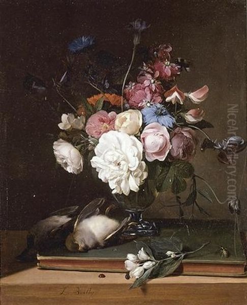 Still Life Of Flowers In A Glass Vase, Two Birds, A Branch Of Blossoms And An Insect All On A Table - view 1