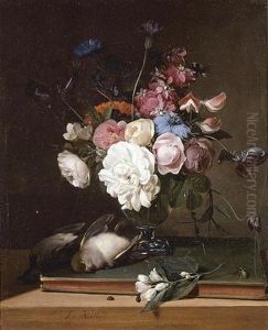 Still Life Of Flowers In A Glass Vase, Two Birds, A Branch Of Blossoms And An Insect All On A Table