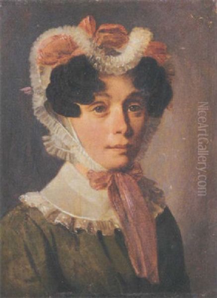 Portrait Of A Lady Wearing A Green Dress And Elaborate Head Dress, With Pink Ribbons - view 1