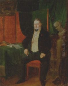 Portraet Af En Korpulent Herre Iklaedt Sorte Benklaerder Og Jakke, Hvid Skjorte Samt Gul Vest Portraet Af En Korpulent Herre Iklaedt Sorte Benklaerder Og Jakke, Hvid Skjorte Samt Gul Vest