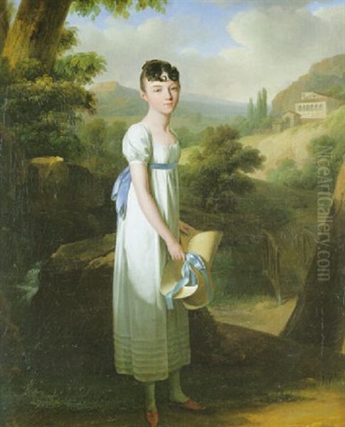 Portrait De Mademoiselle Athenais D'albenas Sur Fond De Paysage - view 1