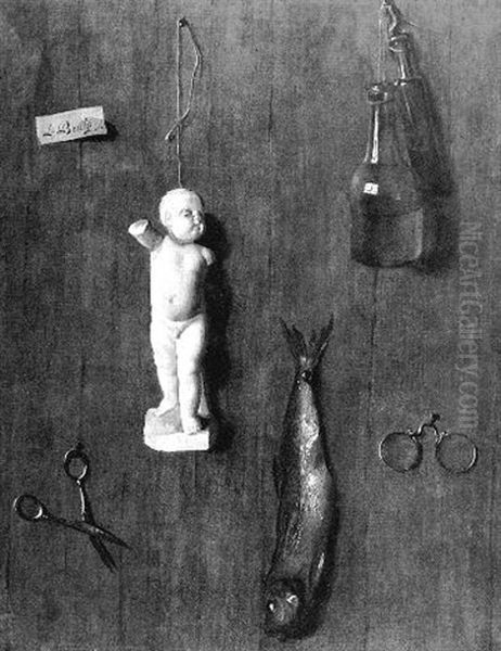 A Trompe-l'oeil Still Life Of Objects Including Two Glass Bottles, A Fish, Glasses, Scissors And A Statuette All Tacked To A Wood Wall - view 1