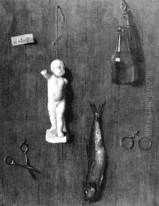 A Trompe-l'oeil Still Life Of Objects Including Two Glass Bottles, A Fish, Glasses, Scissors And A Statuette All Tacked To A Wood Wall by Louis Leopold Boilly
