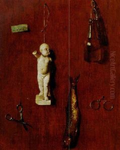 A Trompe-l'oeil Still Life Of Objects All Tacked To A Wood Wall