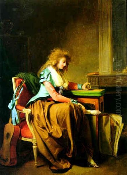 A Lady Seated By A Table And Holding A Miniature Portrait Of A Man - view 1