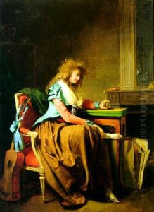 A Lady Seated By A Table And Holding A Miniature Portrait Of A Man by Louis Leopold Boilly