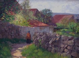 Sonnenbeschienener Weg Mit Natursteinmauer Und Einer Person by Karl Albrecht