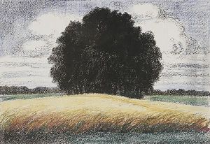 Weiden An Einem Feldweg - Wolkenverhangene Feldlandschaft Mit Weiden - Schafherde In Der Abenddammerung by Karl Albrecht