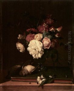Still Life Of Flowers In A Glass Vase, Two Birds, Another Branch Of Blossoms And An Insect All On A Table by Louis Leopold Boilly