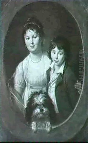 Femme, Enfant Et Chien Dans Un Encadrement Ovale - view 1