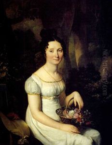 Portrait Of A Lady Wearing A White Dress And Holding A Basket Of Flowers