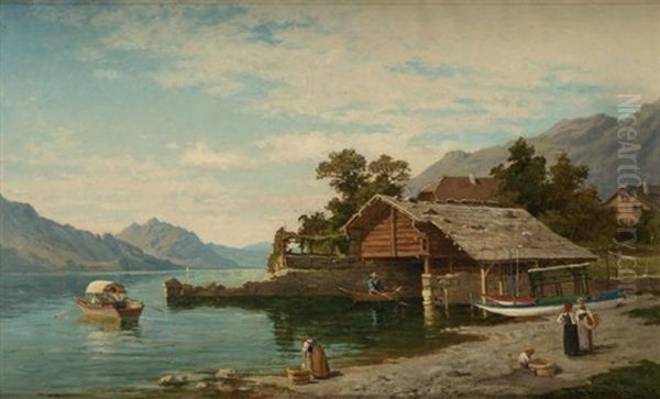 Figures By A Lake In A Mountainous Landscape - view 1