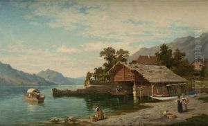 Figures By A Lake In A Mountainous Landscape by Charles Edouard du Bois