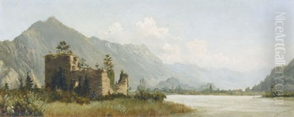 Sonnige Flusspartie Mit Burgruine Und Bergkette - view 1