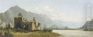 Sonnige Flusspartie Mit Burgruine Und Bergkette by Charles Edouard du Bois