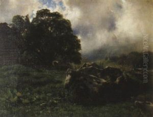 Alplandschaft Mit Kuh Bei Gewitterstimmung by Charles Edouard du Bois