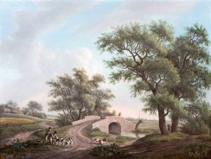 Jonge Jagers Met Hun Honden Bij Een Brug Jonge Jagers Met Hun Honden Bij Een Brug