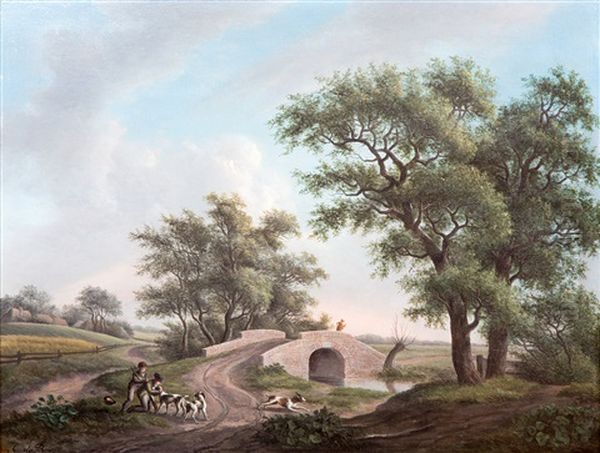 Young Hunters With Their Dogs Near A Bridge - view 1