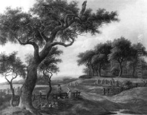 A Sportsman Conversing With A Peasant Woman By A Fence, Harvesters In A Landscape Beyond by Chretien du Bois
