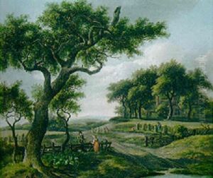 A Sportman Conversing With A Peasant Woman By A Fence, Harvesters At Work Beyond by Chretien du Bois