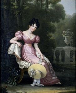 Portrait De Jeune Femme A La Robe De Satin Rose, Assise Sur Une Terrasse A Balustrade