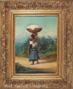 Woman With A Basket On Her Head In A Tropical Landscape Woman With A Basket On Her Head In A Tropical Landscape