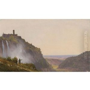 Extensive Italian Landscape By Waterfalls With Two Figures Pointing At The Valley by Antoine-Felix Boisselier