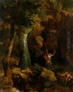 Allegorical Figures Before A Waterfall In A Wooded Glade by Antoine-Felix Boisselier
