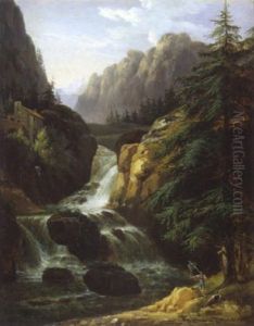 Pecheurs Pres D'une Cascade Dans Les Environs De Cauterets, Le Massif De Vignemale Pecheurs Pres D'une Cascade Dans Les Environs De Cauterets, Le Massif De Vignemale