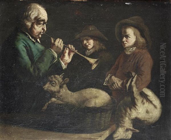 A Man Playing The Shawm Before Two Shepherd Boys, With A Lamb On His Lap - view 1