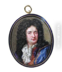 A Gentleman Wearing A White Jabot, In Gold-trimmed Purple And Blue Robes And A Long Curled Wig