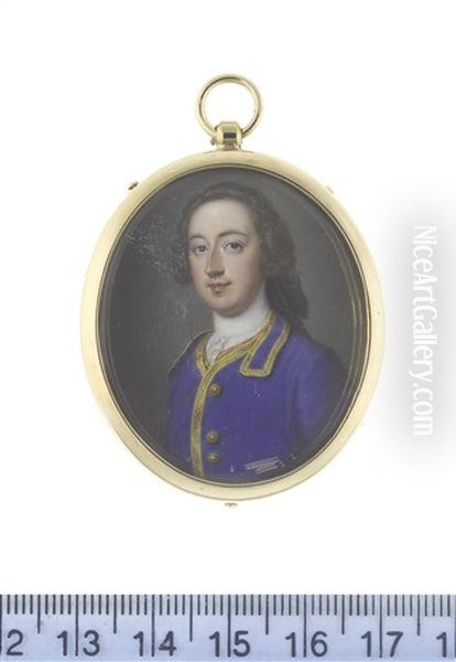 A Gentleman, Wearing Blue Coat Edged With Gold, White Chemise, Stock And Lace Cravat, His Natural Hair Worn En Queue And Tied With A Black Ribbon Bow - view 1