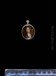A Gentleman, Wearing Ochre Colored Cloak Over His Right Shoulder And White Jabot, His Hair Curled And Worn Long