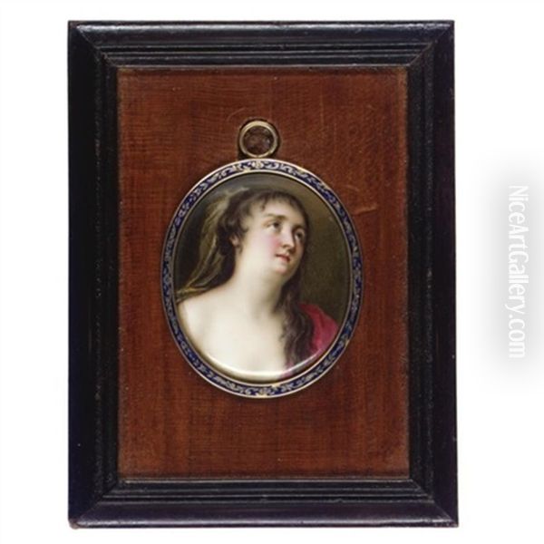 Portrait Of A Lady In The Guise Of Mary Magdalene With Long Brown Hair, Wearing A Green Head Dress And A Red Robe - view 1