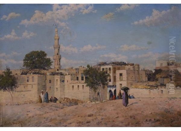 Ansicht Einer Nordafrikanischen, Arabischen Stadt Mit Hausern Und Minarett Sowie Figurenstaffage - view 1