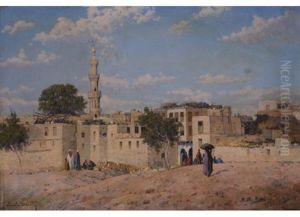 Ansicht Einer Nordafrikanischen, Arabischen Stadt Mit Hausern Und Minarett Sowie Figurenstaffage by Emile Boivin