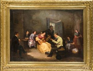Interieur Mit Zwei Gitarrespielern Und Lauschenden Kindern by Christian Ludwig Bokelmann