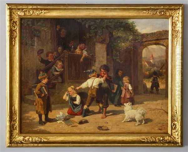 Depicting A Schoolyard Scene With Children And Schoolmaster - view 1