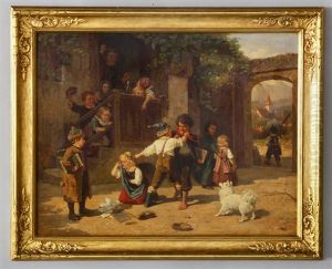 Depicting A Schoolyard Scene With Children And Schoolmaster