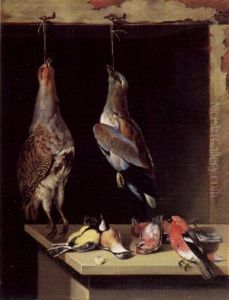 Jagdstilleben Mit Erlegten Vogeln, Die Vom Fensterbalken Hangen Und Auf Dem Tisch Liegen