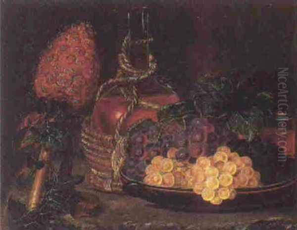 Opstilling Med Chiantiflaske, Ananas, Vinlov Samt Druer Pa Et Fad - view 1