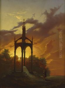 Sonnenuntergang Uber Dem Gustav Adolf Monument Von Karl Friedrich Schinkel In Lutzen by Johan Kristofer Boklund