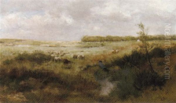 A Shepherd And His Flock In A Dune Landscape - view 1