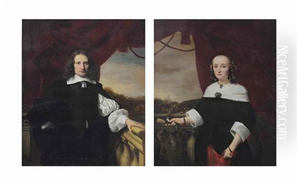 Portrait Of Pieter Bouwens (1621-1680), Three-quarter Length, In A White Chemise And Black Costume Standing Before A Curtain On A Balcony; And Portrait Of His Wife Anna Maria Van Nutt (1622-1686), Three-quarter Length, In A Red Embroidered And Black Dress - view 1