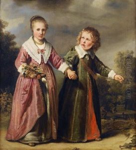 Portrait Of A Young Girl Holding A Posy Of Flowers And A Young Boy In A Landscape