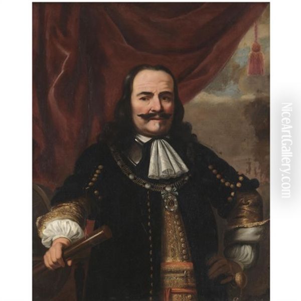 Portrait Of Admiral Michiel Adriaensz De Ruyter, Half-length, Wearing A Black Coat And Holding A Telescope, With An Opened Curtain Behind - view 1