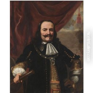 Portrait Of Admiral Michiel Adriaensz De Ruyter, Half-length, Wearing A Black Coat And Holding A Telescope, With An Opened Curtain Behind